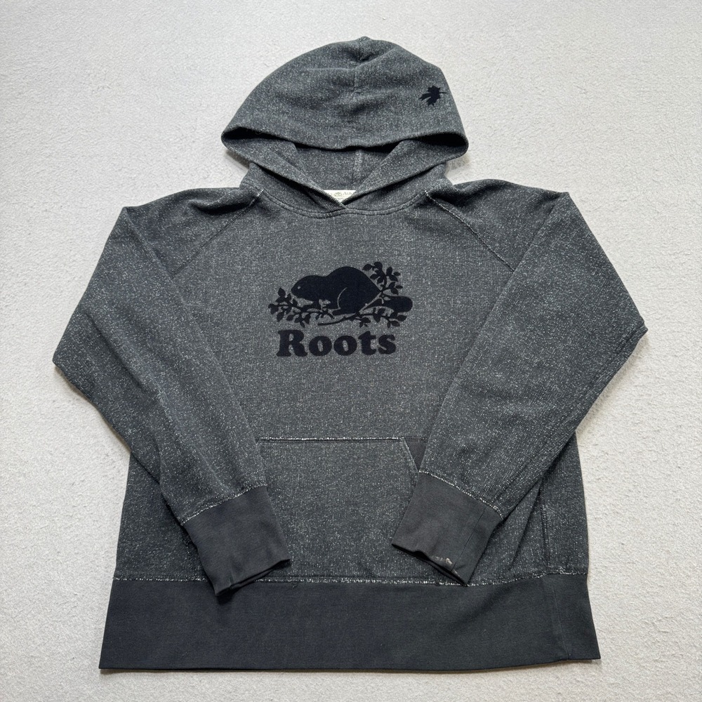 Roots Hoodie Men's Large Charcoal Fleece Graphic Loose Fit Pullover Sweatshirt